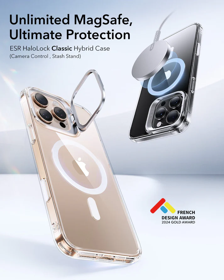 iPhone 16 Pro HaloLock Classic Hybrid Case (Camera Control, Stash Stand) - Clear